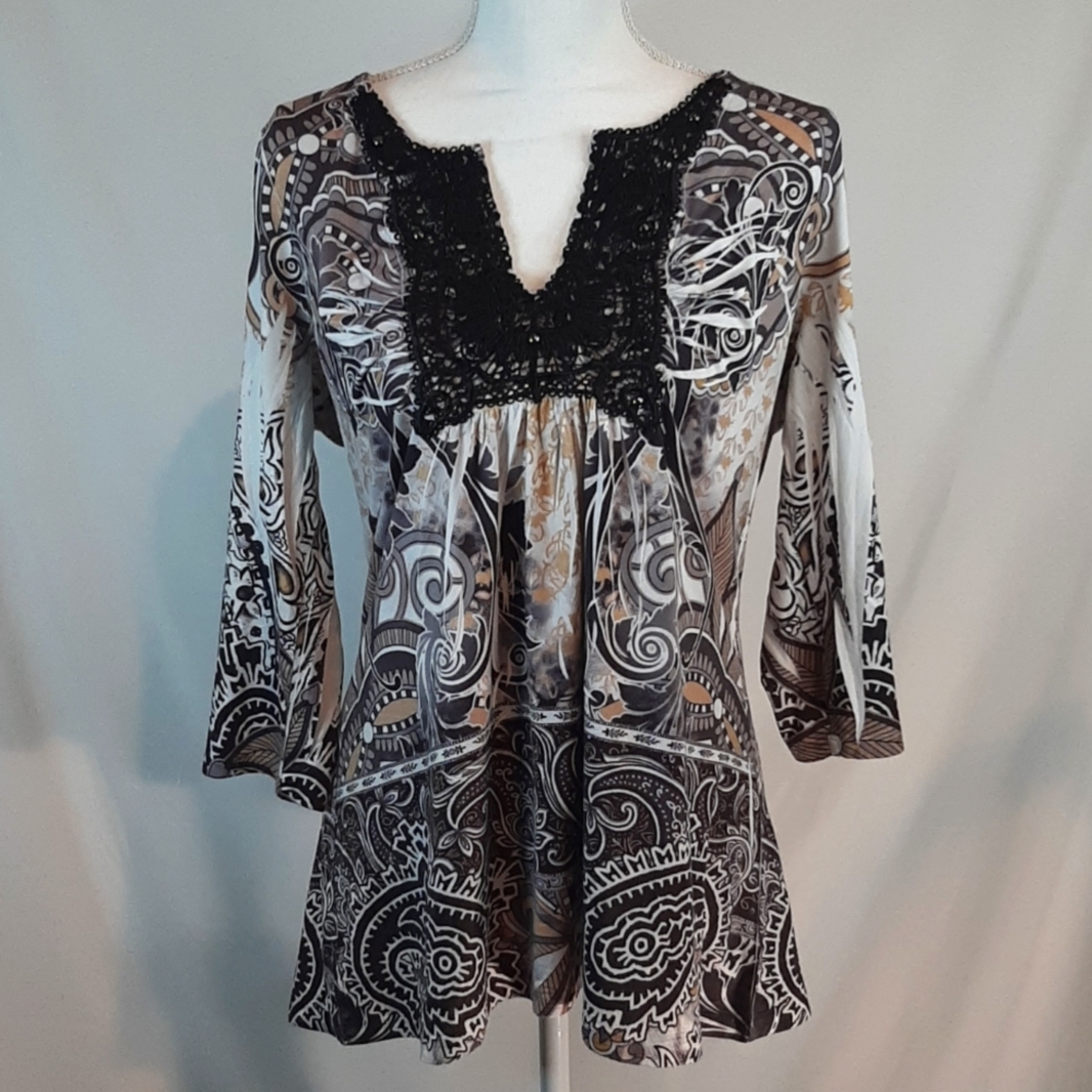 One World Medium brown black embellished long sleeve tunic